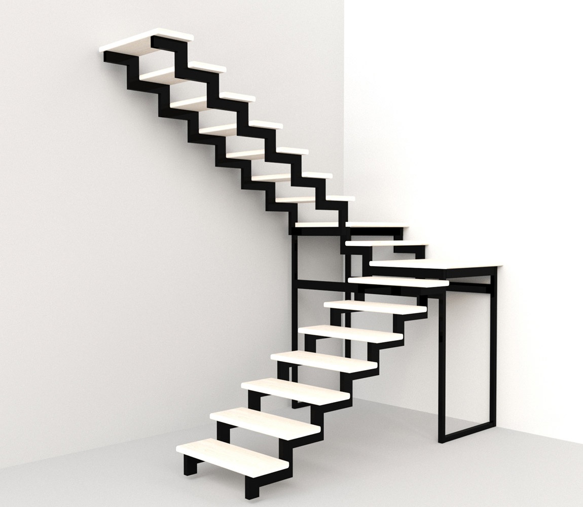 Лестница с двумя площадками и поворотом на 180 градусов на двух косоурах